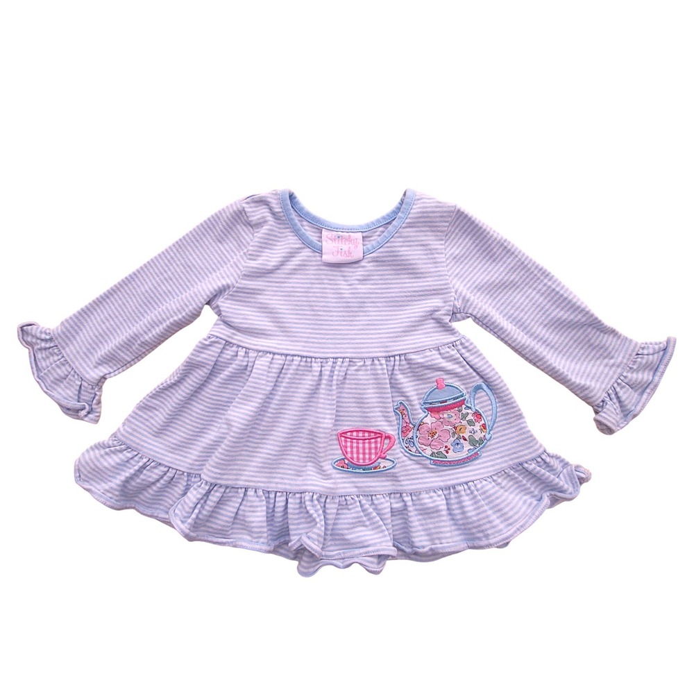 Stitchy Fish Baby Girl Long Sleeve Striped Tea Party Dress Ruffle Hem 12M
